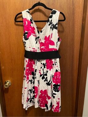 Sleeveless White Midi Dress with Pink and Black Floral Print and Waistband